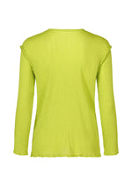 The SEE-THROUGH CREPE COLOR shirt by me ISSEY MIYAKE in bright lime green features product-dyed, textured fabric with subtle ruffle trim along the shoulders and hem, shown from the back with long sleeves.