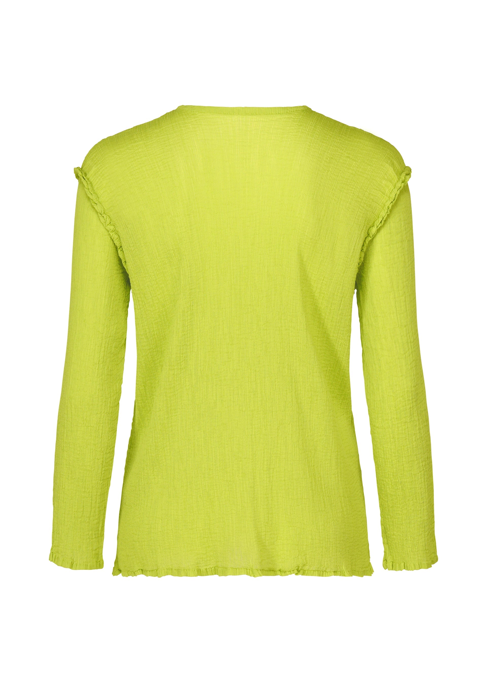 Zoomed view The SEE-THROUGH CREPE COLOR shirt by me ISSEY MIYAKE in bright lime green features product-dyed, textured fabric with subtle ruffle trim along the shoulders and hem, shown from the back with long sleeves.