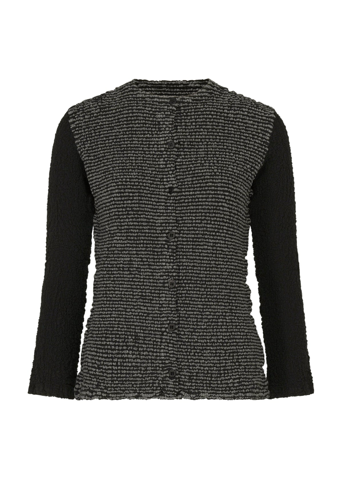 A long-sleeve cotton cardigan from me ISSEY MIYAKE, the STRIPE CAULIFLOWER, featuring a textured black and gray knit pattern with a round neckline, front button closure, and solid black sleeves. view 1 of 7