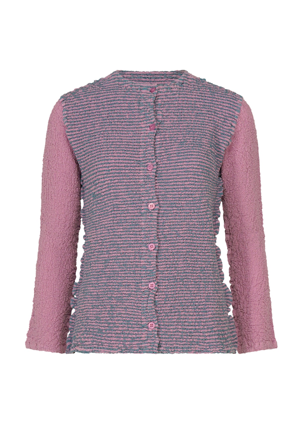 A textured long-sleeve cotton cardigan from me ISSEY MIYAKE, the STRIPE CAULIFLOWER, featuring a ribbed, striped gray and pink body, solid pink sleeves, and pink buttons down the front. view 2 of 7