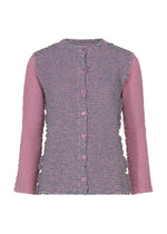 A textured long-sleeve cotton cardigan from me ISSEY MIYAKE, the STRIPE CAULIFLOWER, featuring a ribbed, striped gray and pink body, solid pink sleeves, and pink buttons down the front. - PINK-HUED （no.27）
