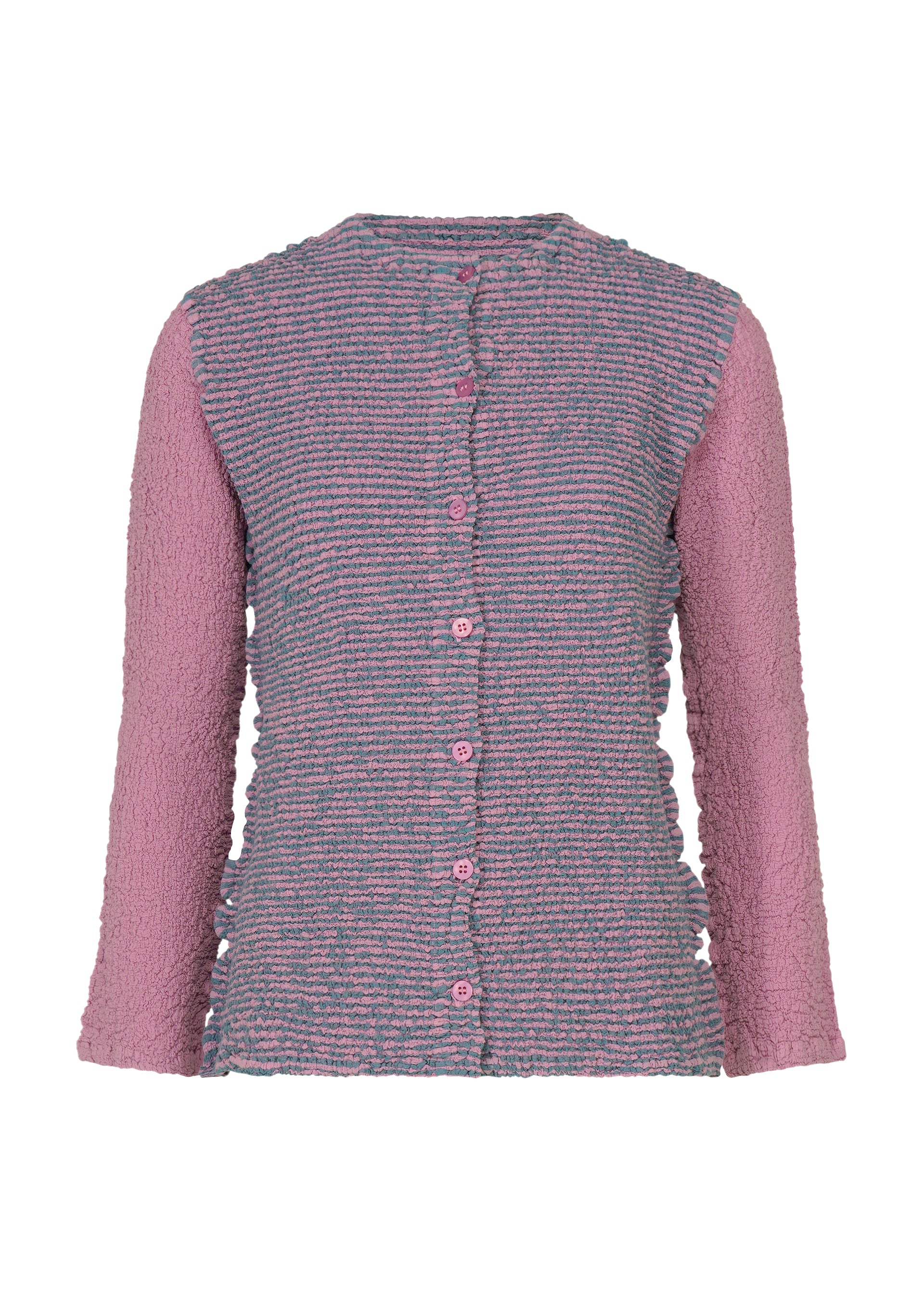 Zoomed view A textured long-sleeve cotton cardigan from me ISSEY MIYAKE, the STRIPE CAULIFLOWER, featuring a ribbed, striped gray and pink body, solid pink sleeves, and pink buttons down the front. - PINK-HUED （no.27）
