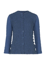 Introducing the STRIPE CAULIFLOWER cardigan from me ISSEY MIYAKE: a blue, long-sleeve cotton button-up with a round neckline, showcased against a white background. The fabric is adorned with an all-over ribbed, wavy pattern, creating a subtle striped effect. - BLUE-HUED （no.78）