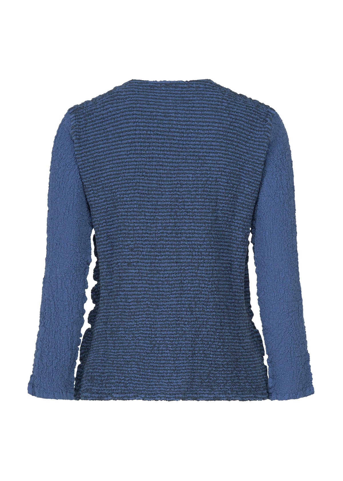 The STRIPE CAULIFLOWER long-sleeve blue top by me ISSEY MIYAKE is shown from the back, showcasing its ribbed, striped-inspired texture and a straight hemline. view 4 of 7