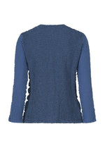 The STRIPE CAULIFLOWER long-sleeve blue top by me ISSEY MIYAKE is shown from the back, showcasing its ribbed, striped-inspired texture and a straight hemline.