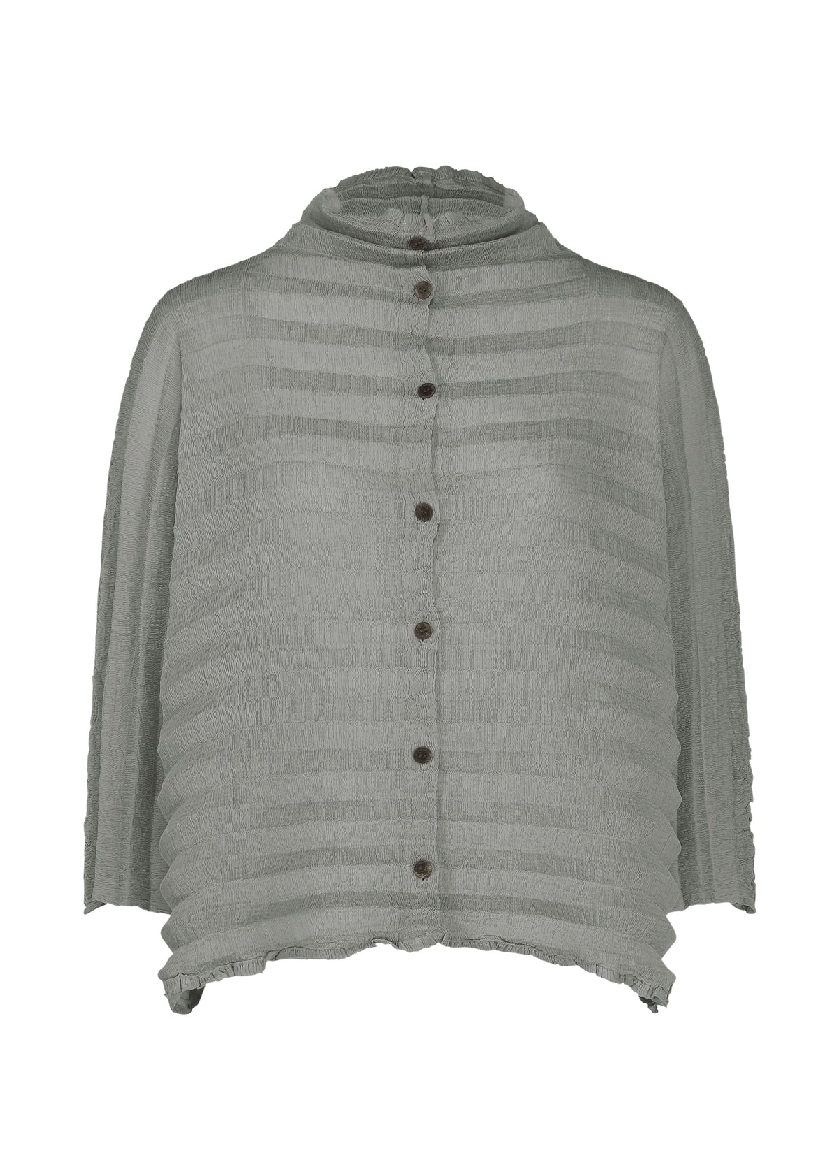 The ACCORDION SEE-THROUGH CREPE by me ISSEY MIYAKE is a sheer, light gray long-sleeve blouse made from garment-dyed fabric featuring horizontal textured stripes, a front button closure, and a loose, relaxed fit. view 1 of 7