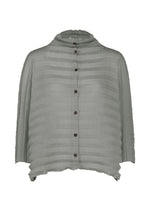 The ACCORDION SEE-THROUGH CREPE by me ISSEY MIYAKE is a sheer, light gray long-sleeve blouse made from garment-dyed fabric featuring horizontal textured stripes, a front button closure, and a loose, relaxed fit. - GRAY （no.12）