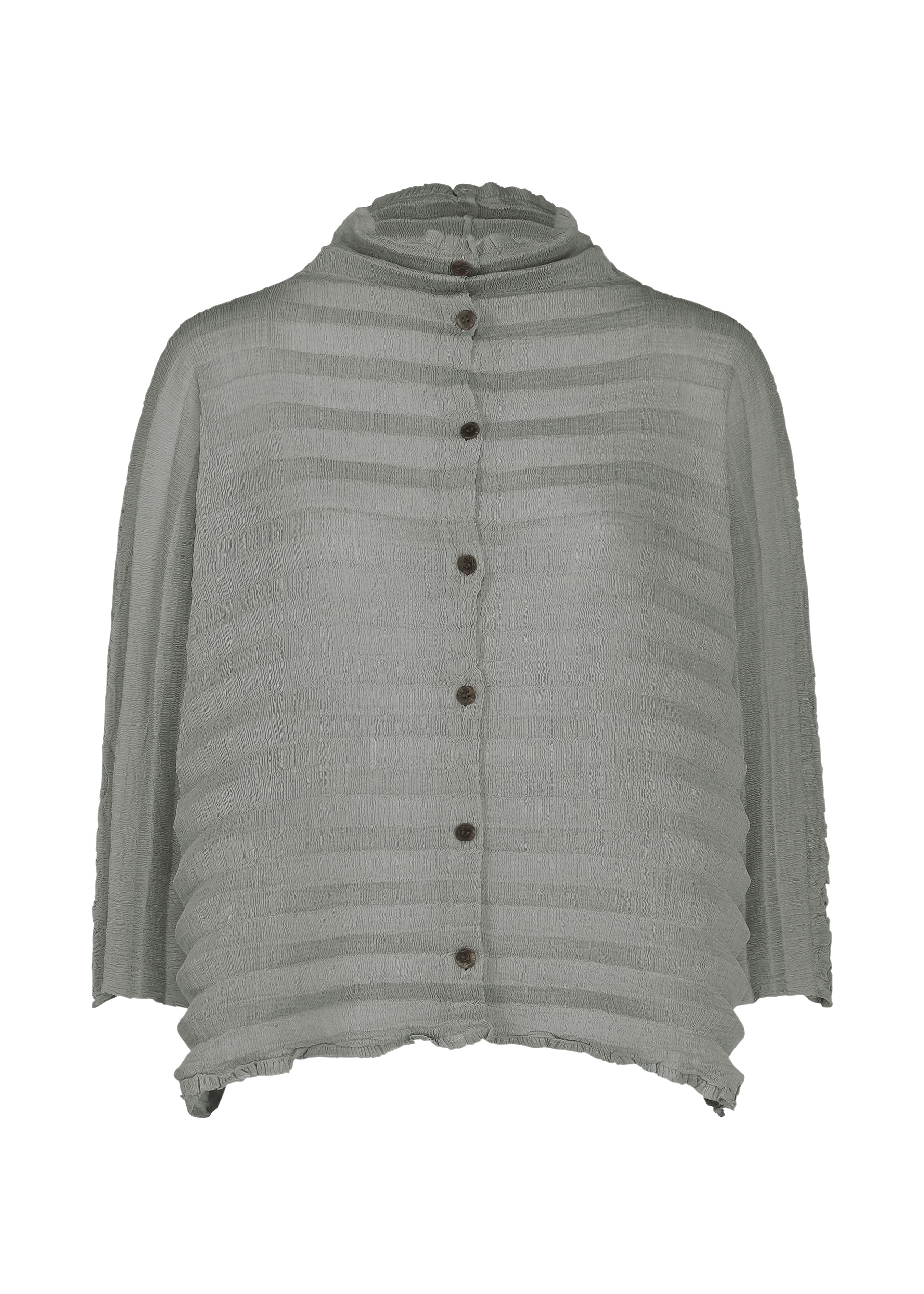 Zoomed view The ACCORDION SEE-THROUGH CREPE by me ISSEY MIYAKE is a sheer, light gray long-sleeve blouse made from garment-dyed fabric featuring horizontal textured stripes, a front button closure, and a loose, relaxed fit. - GRAY （no.12）