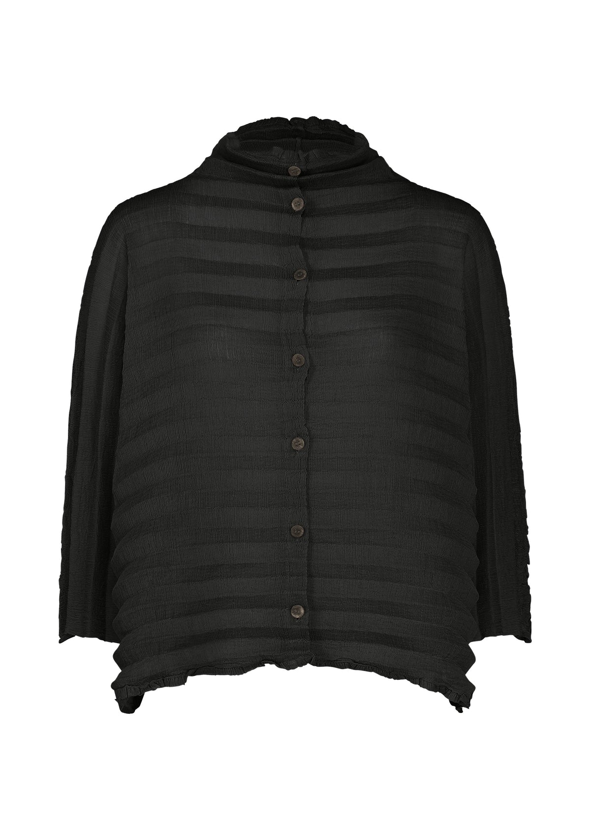 A black, semi-sheer button-up blouse from me ISSEY MIYAKE’s ACCORDION SEE-THROUGH CREPE collection, crafted from garment-dyed fabric with horizontal textured stripes, long sleeves, and a subtly uneven hem. view 2 of 7