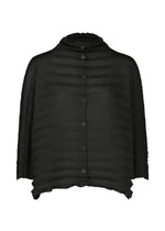 A black, semi-sheer button-up blouse from me ISSEY MIYAKE’s ACCORDION SEE-THROUGH CREPE collection, crafted from garment-dyed fabric with horizontal textured stripes, long sleeves, and a subtly uneven hem. - BLACK （no.15）