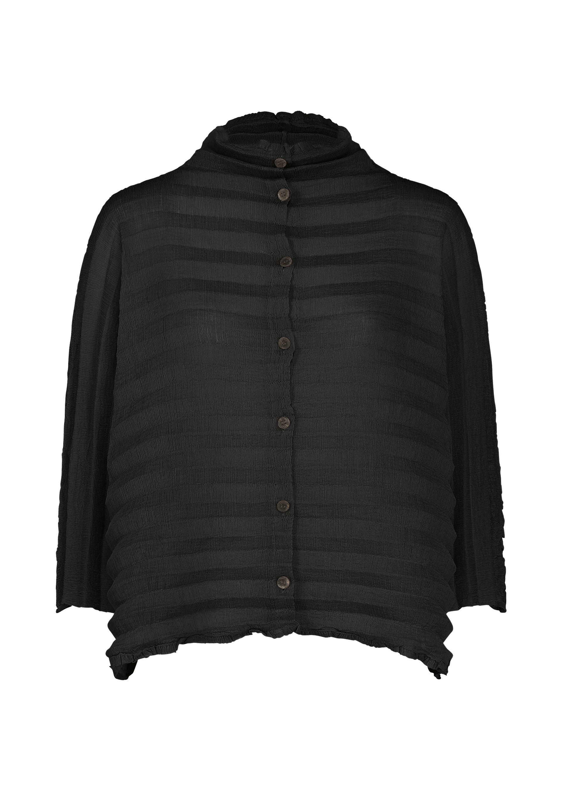 Zoomed view A black, semi-sheer button-up blouse from me ISSEY MIYAKE’s ACCORDION SEE-THROUGH CREPE collection, crafted from garment-dyed fabric with horizontal textured stripes, long sleeves, and a subtly uneven hem. - BLACK （no.15）