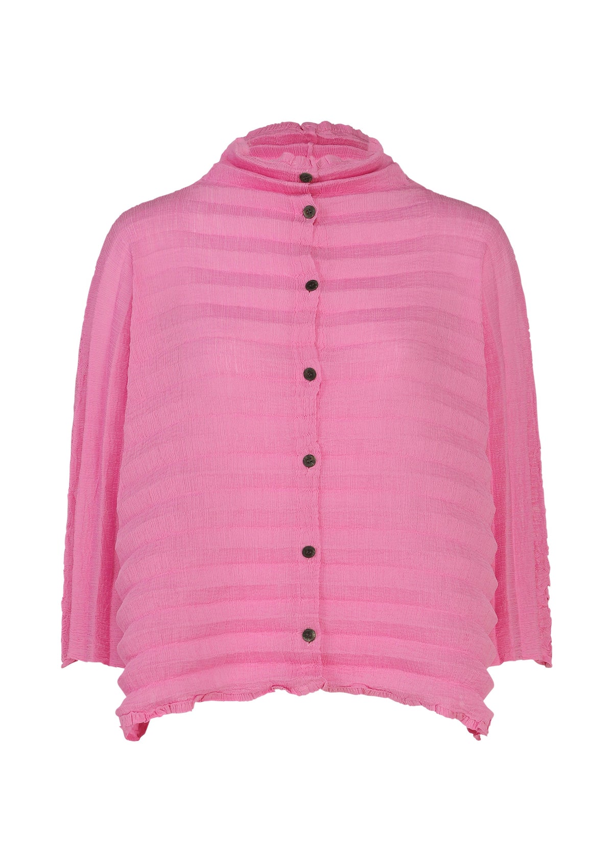 The ACCORDION SEE-THROUGH CREPE blouse by me ISSEY MIYAKE features a vibrant pink hue with long sleeves and an eye-catching textured design of horizontal stripes. Crafted from garment-dyed crepe, it showcases black buttons down the front, a high, subtly ruched collar, and a distinctive wavy unfinished hem. view 3 of 7