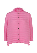 The ACCORDION SEE-THROUGH CREPE blouse by me ISSEY MIYAKE features a vibrant pink hue with long sleeves and an eye-catching textured design of horizontal stripes. Crafted from garment-dyed crepe, it showcases black buttons down the front, a high, subtly ruched collar, and a distinctive wavy unfinished hem. - ROSE PINK （no.20）