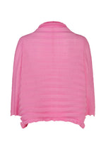 Showcasing the ACCORDION SEE-THROUGH CREPE cardigan by me ISSEY MIYAKE, this lightweight, bright pink design features textured horizontal ribbed lines, long sleeves, and a slightly ruffled hem. The sheer crepe fabric offers a distinctive see-through effect when viewed from the back.