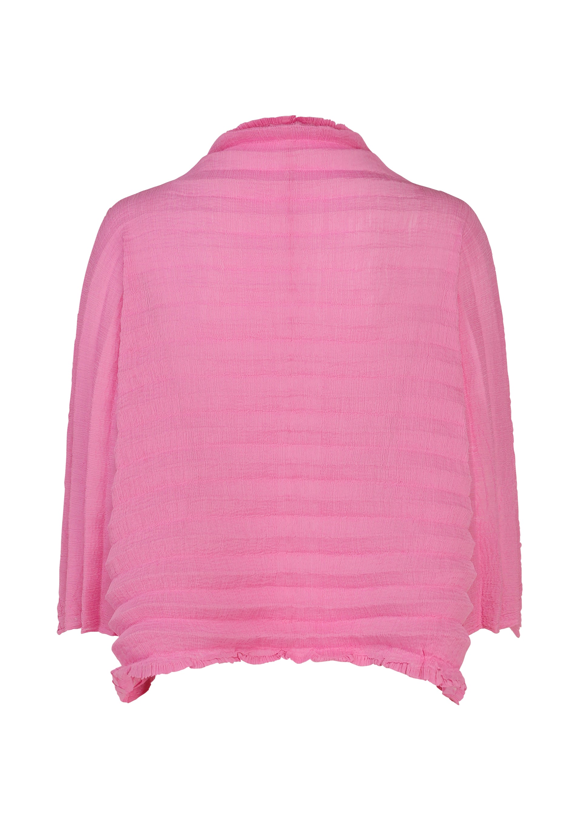 Zoomed view Showcasing the ACCORDION SEE-THROUGH CREPE cardigan by me ISSEY MIYAKE, this lightweight, bright pink design features textured horizontal ribbed lines, long sleeves, and a slightly ruffled hem. The sheer crepe fabric offers a distinctive see-through effect when viewed from the back.
