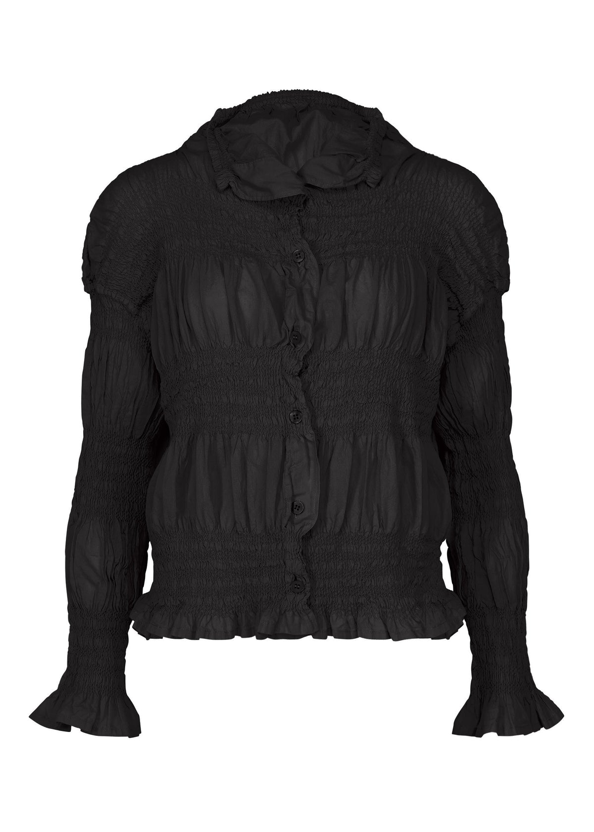 Introducing the SHRINK STRIPE by me ISSEY MIYAKE: a long-sleeve black blouse with elegant ruching, ruffled collar and cuffs, and a button-down front—blending classic design with modern sophistication for a refined alternative to your everyday cotton blend cardigan. view 1 of 8