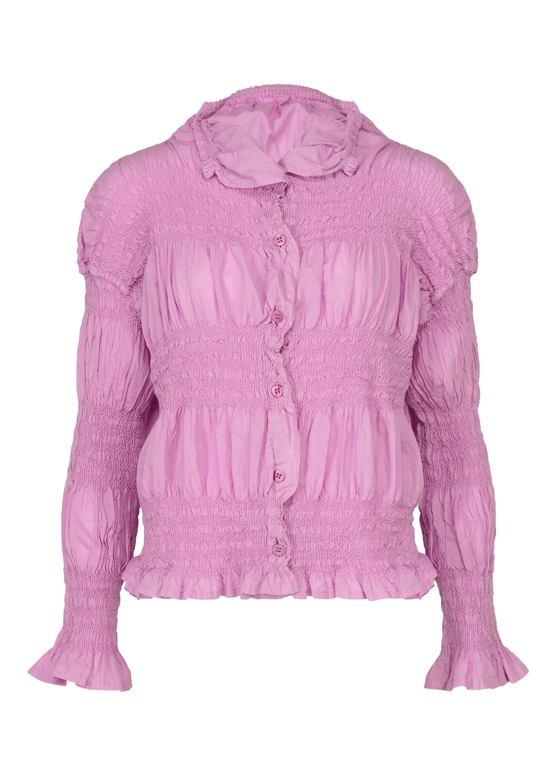 Zoomed view Light pink SHRINK STRIPE long-sleeve blouse by me ISSEY MIYAKE, featuring a ruffled collar, button front, smocked texture, gathered detailing at the shoulders and cuffs, and a frilled hem—ideal for pairing with a cotton-blend cardigan or layering under a striped cardigan for extra warmth and style. - ROSE PINK （no.20）