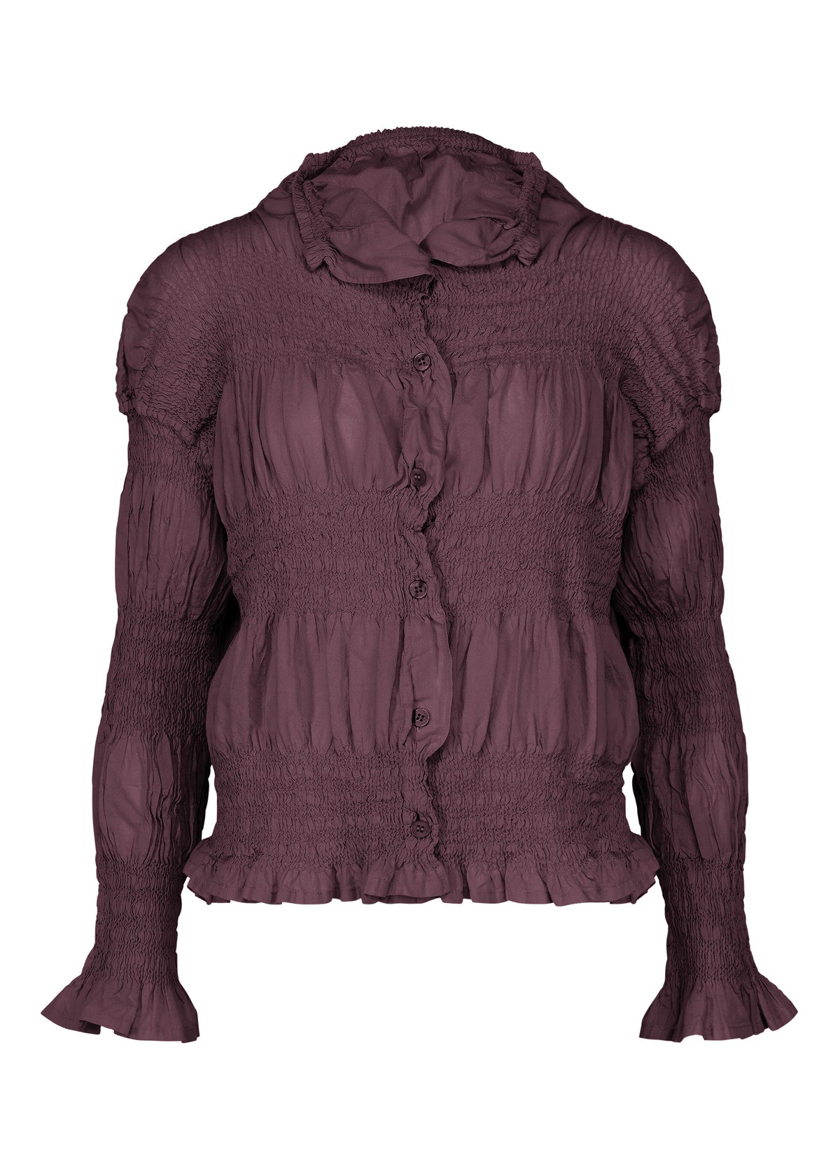 Discover the SHRINK STRIPE blouse by me ISSEY MIYAKE—a long-sleeve, dark mauve piece featuring a ruffled collar, button-down front, and a distinctive gathered, ruched texture. Inspired by the refined elegance of a cotton blend cardigan, this blouse achieves its richly nuanced color through a delicate product-dyeing technique that enhances its unique finish and depth. view 3 of 8