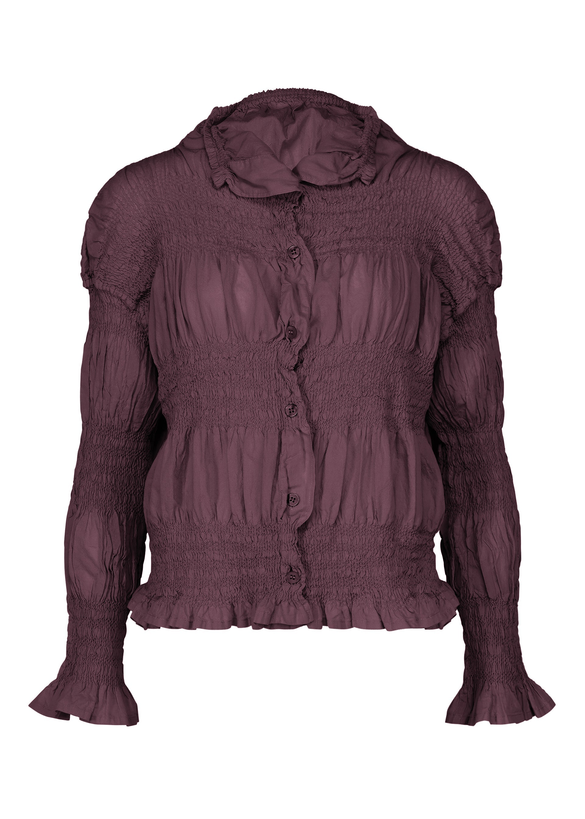Zoomed view Discover the SHRINK STRIPE blouse by me ISSEY MIYAKE—a long-sleeve, dark mauve piece featuring a ruffled collar, button-down front, and a distinctive gathered, ruched texture. Inspired by the refined elegance of a cotton blend cardigan, this blouse achieves its richly nuanced color through a delicate product-dyeing technique that enhances its unique finish and depth. - BORDEAUX （no.84）