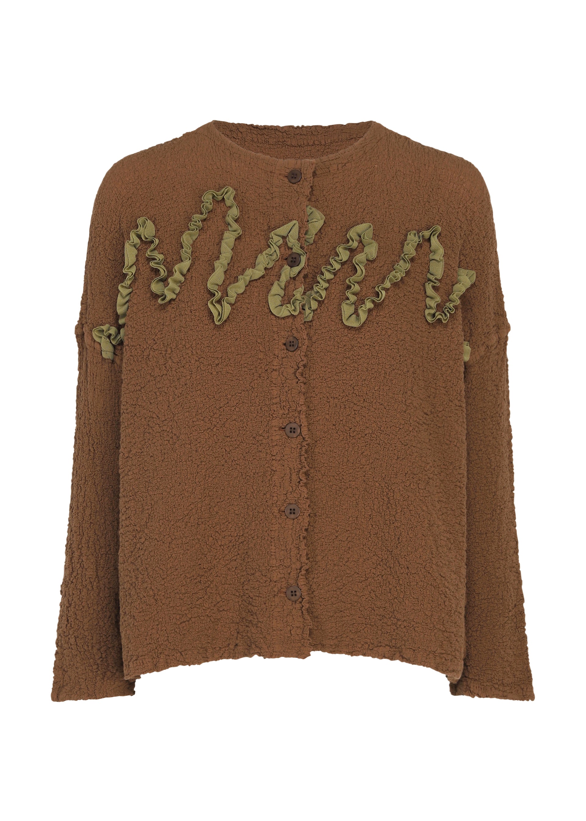 Zoomed view Here’s a rewritten version using your product data: The LEAF TULLE CAULIFLOWER cardigan by me ISSEY MIYAKE is a brown, textured, button-up cotton piece with a loose fit and olive green wavy ruffle detailing across the chest, accented by delicate tulle tape embroidery for added dimension. - BROWN （no.44）