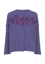 Introducing the LEAF TULLE CAULIFLOWER cardigan from me ISSEY MIYAKE—a purple, textured button-up with loose sleeves, featuring a unique wavy pink ruffle detail across the front and delicate tulle tape embroidery for an artful, whimsical finish. - PURPLE （no.81）