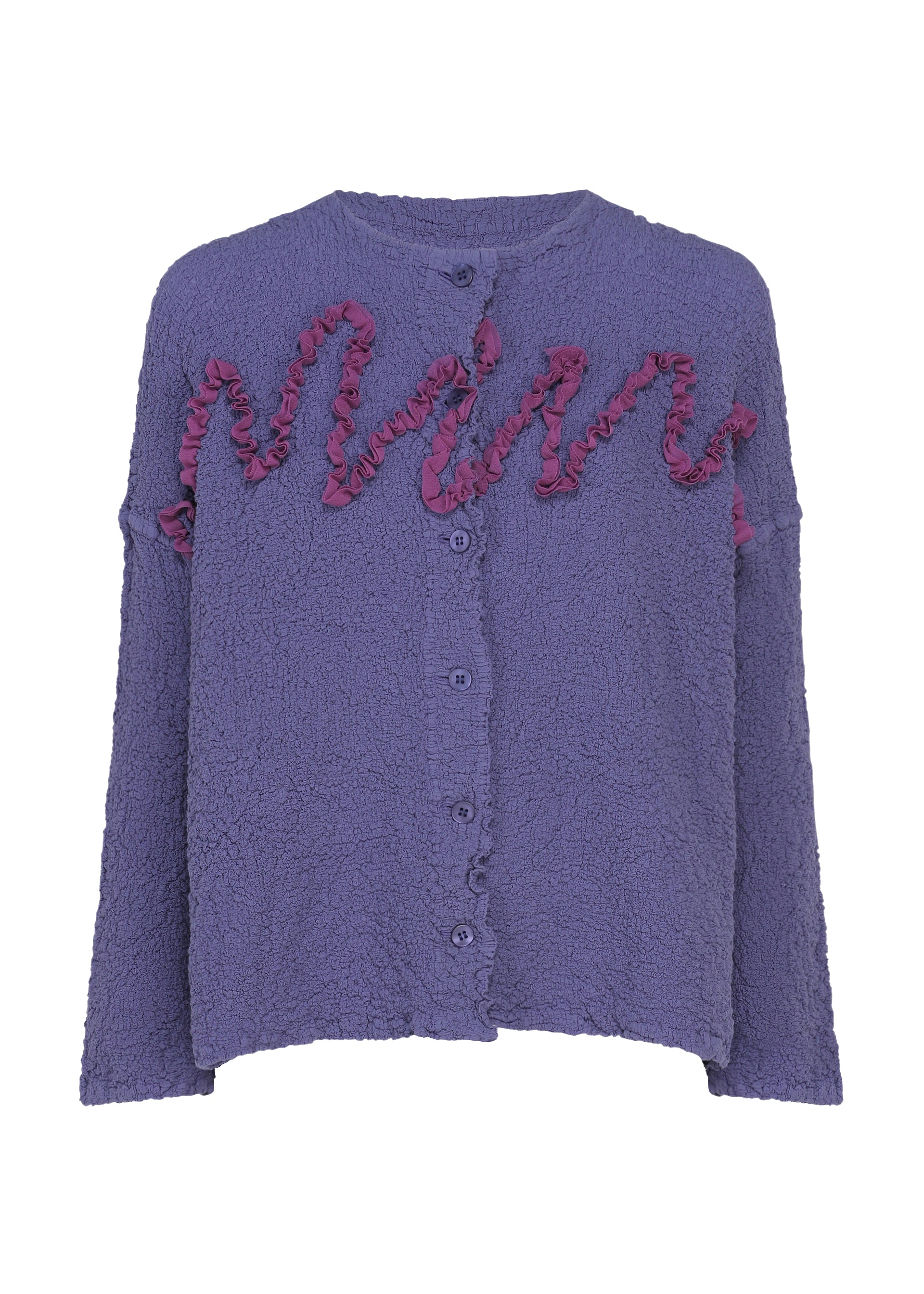Zoomed view Introducing the LEAF TULLE CAULIFLOWER cardigan from me ISSEY MIYAKE—a purple, textured button-up with loose sleeves, featuring a unique wavy pink ruffle detail across the front and delicate tulle tape embroidery for an artful, whimsical finish. - PURPLE （no.81）