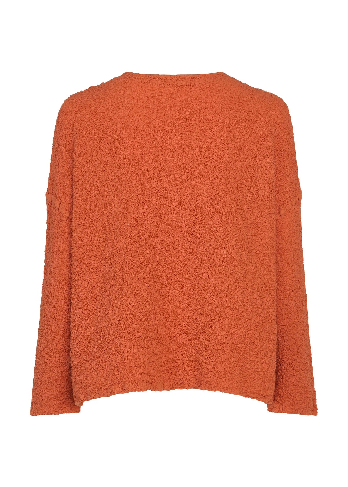 The LEAF TULLE CAULIFLOWER cardigan by me ISSEY MIYAKE is a textured, long-sleeve piece in orange cotton, showcased from the back against a white background, and distinguished by subtle tulle tape embroidery for added dimension. view 4 of 8