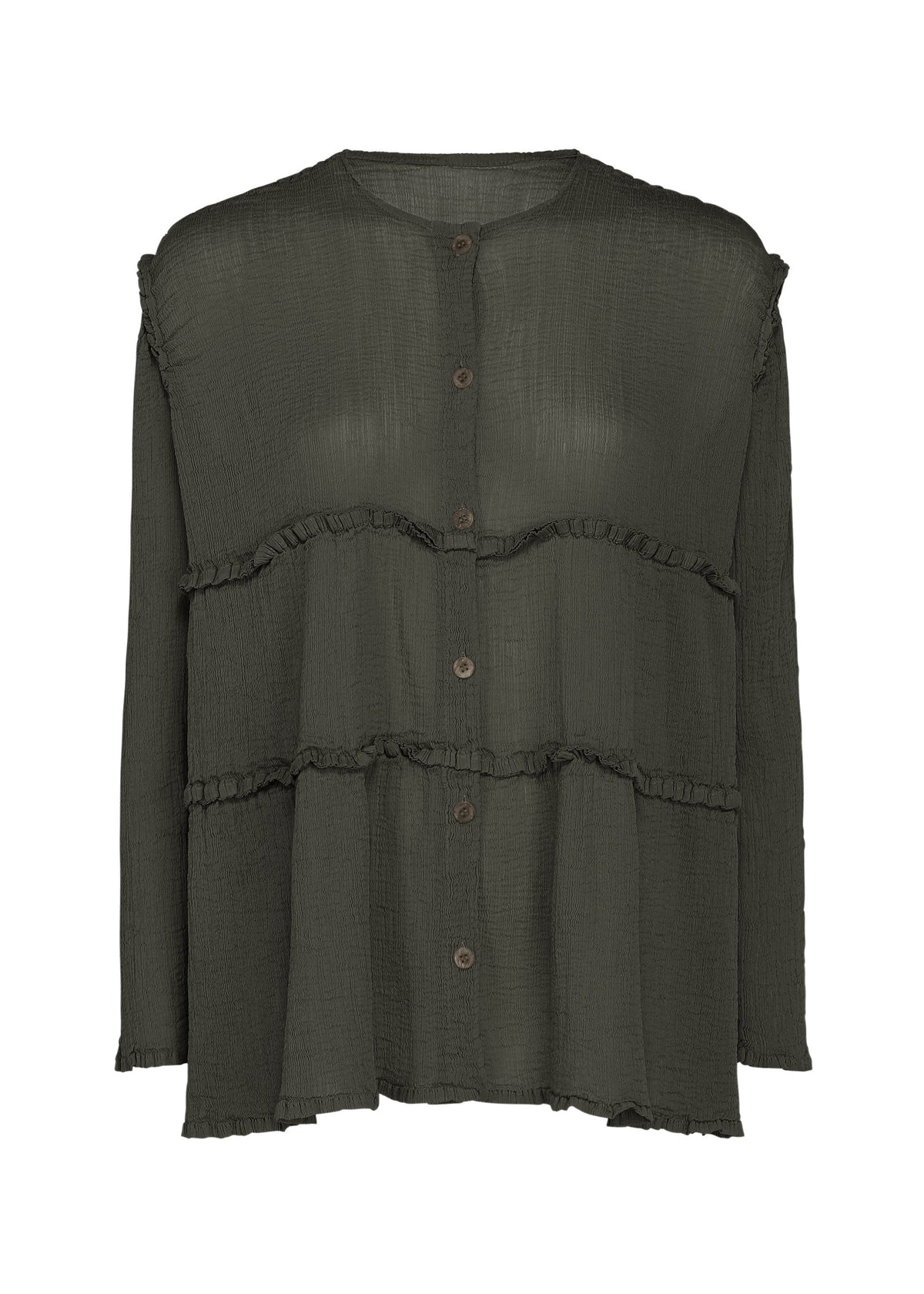 The FLARE SEE-THROUGH CREPE blouse by me ISSEY MIYAKE features a dark olive green hue, long sleeves, and a round neckline with a button-down front. Two horizontal ruffle accents cross the chest and midsection, enhancing its elegant silhouette. This upcycled blouse is made from lightweight, subtly textured fabric and thoughtfully dyed with natural plant dyes for a sophisticated and sustainable finish. view 1 of 7