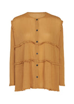 The FLARE SEE-THROUGH CREPE blouse by me ISSEY MIYAKE is a loose-fitting, mustard yellow top crafted from natural plant dyes, featuring long sleeves, black front buttons, and two rows of ruffled trim across the chest and waist. - ONION BROWN （no.46）