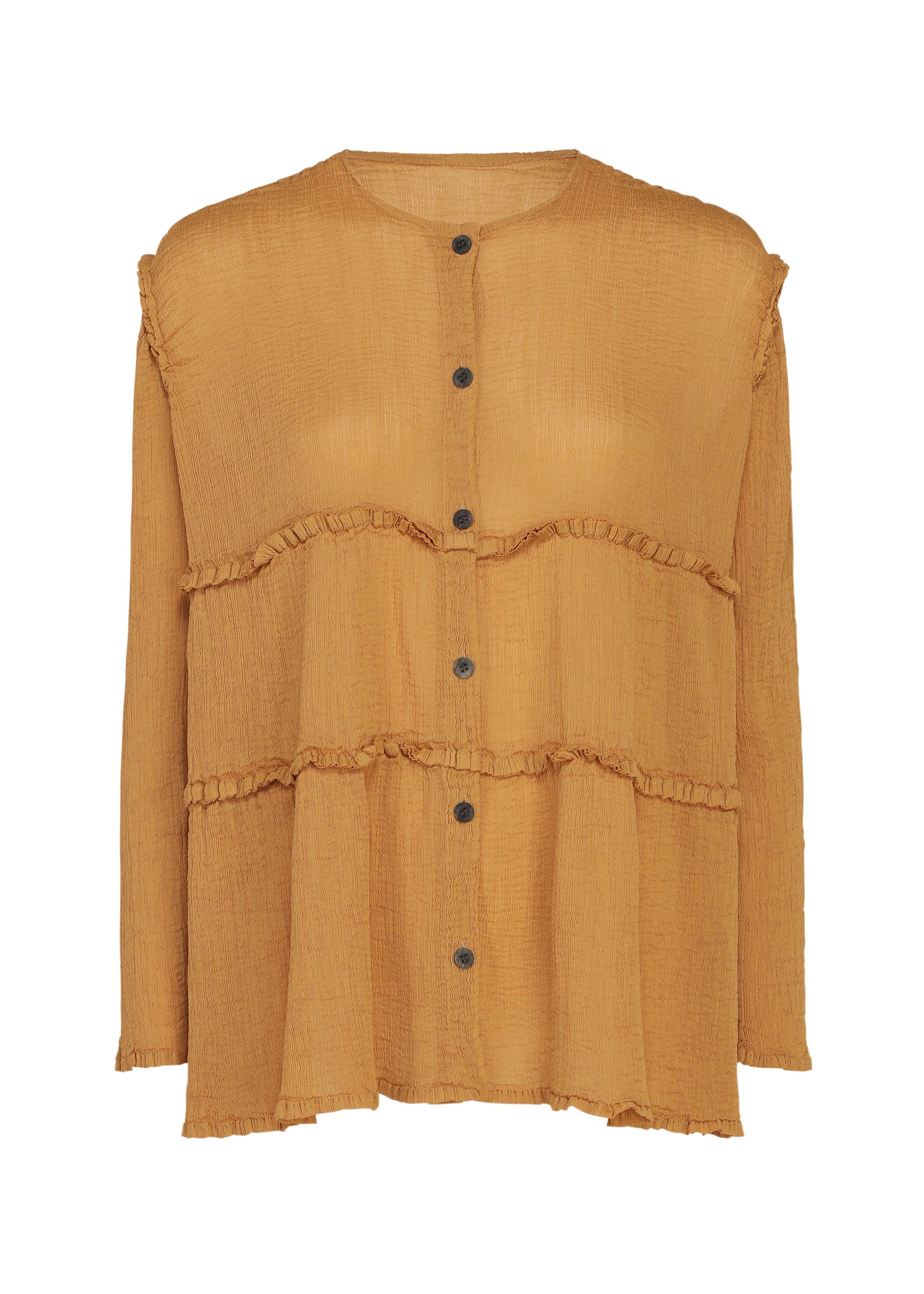 Zoomed view The FLARE SEE-THROUGH CREPE blouse by me ISSEY MIYAKE is a loose-fitting, mustard yellow top crafted from natural plant dyes, featuring long sleeves, black front buttons, and two rows of ruffled trim across the chest and waist. - ONION BROWN （no.46）