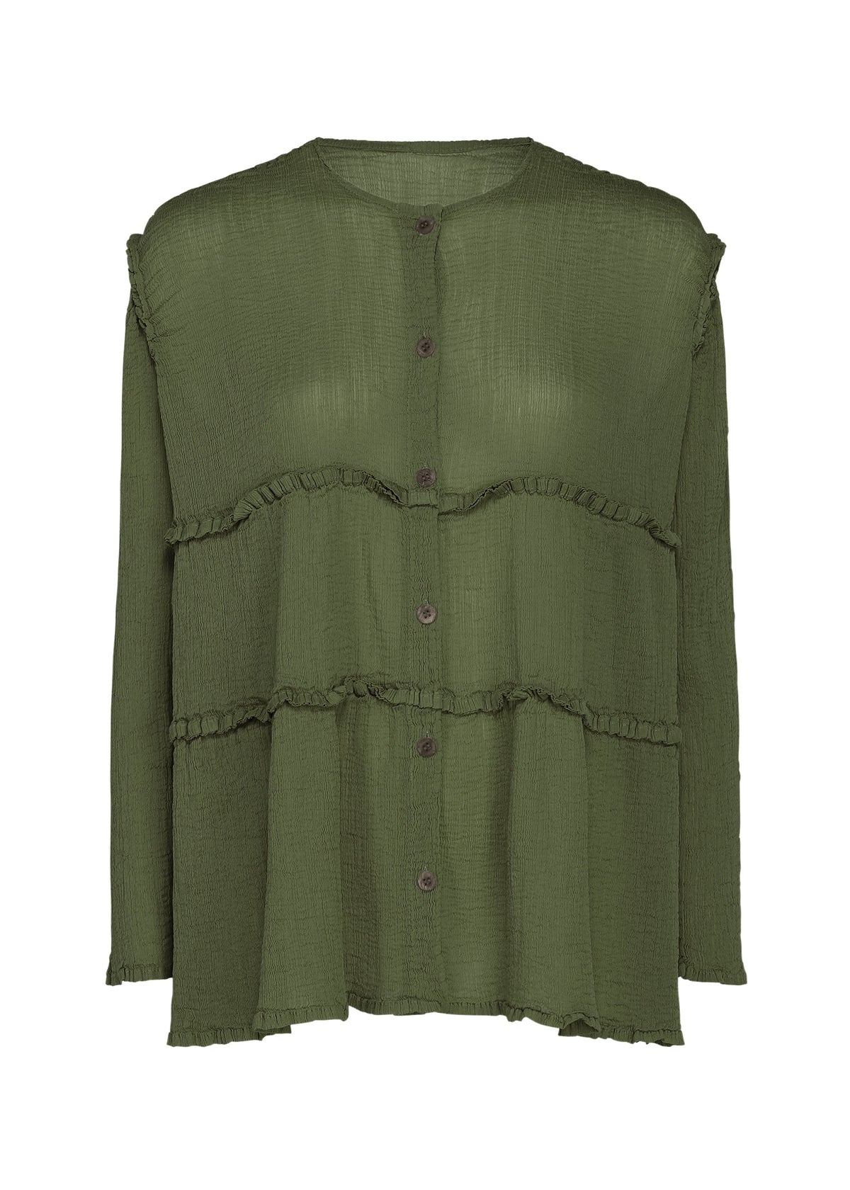 The FLARE SEE-THROUGH CREPE blouse from me ISSEY MIYAKE features an olive green hue, long sleeves, and a textured crepe fabric. Designed with layered ruffle details across the chest and midsection and a front button closure, this distinctive piece is crafted using natural plant dyes for an eco-friendly addition to your wardrobe. view 3 of 7