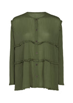 The FLARE SEE-THROUGH CREPE blouse from me ISSEY MIYAKE features an olive green hue, long sleeves, and a textured crepe fabric. Designed with layered ruffle details across the chest and midsection and a front button closure, this distinctive piece is crafted using natural plant dyes for an eco-friendly addition to your wardrobe. - OLIVE GREEN （no.66）