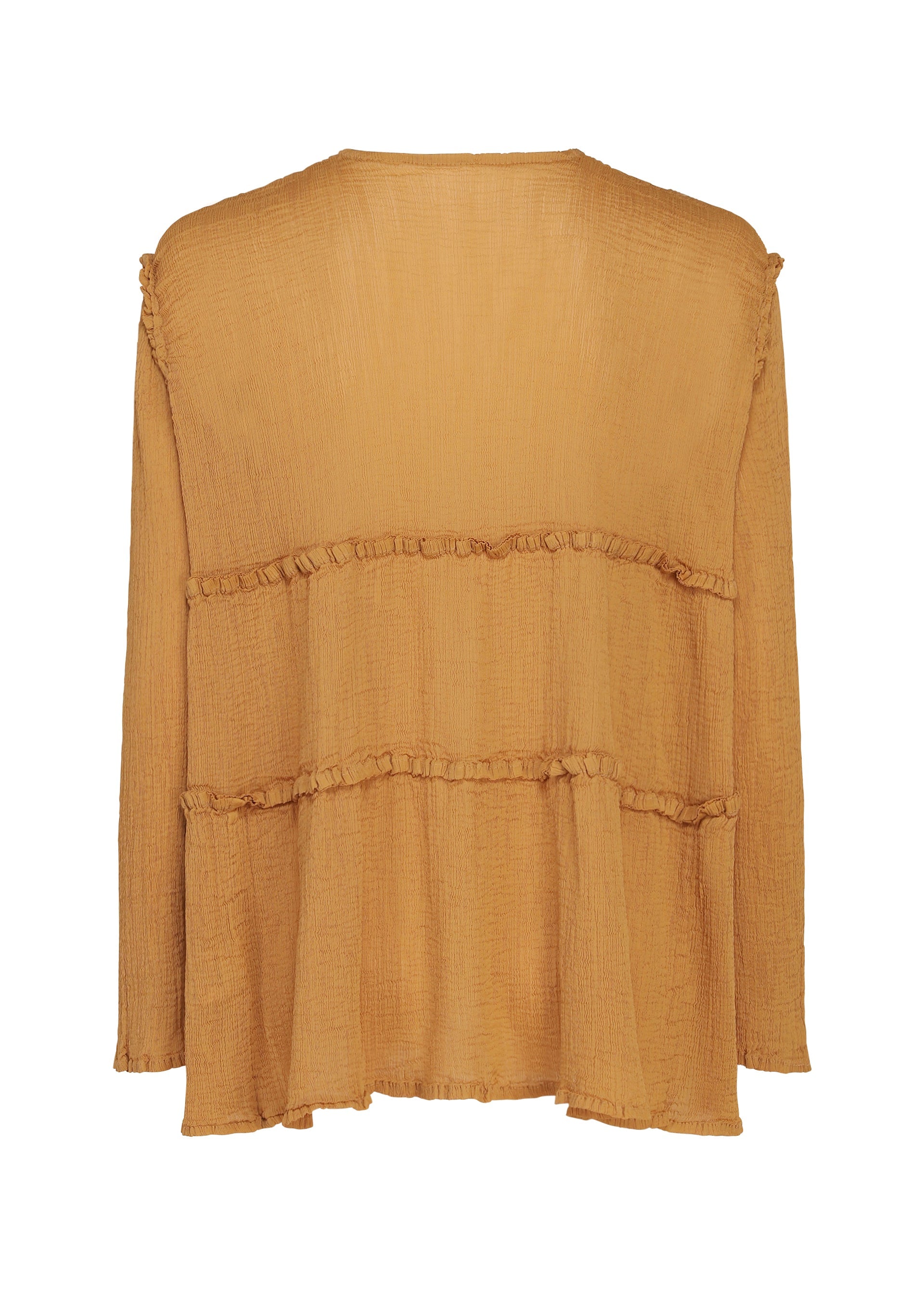 Zoomed view FLARE SEE-THROUGH CREPE by me ISSEY MIYAKE is a light brown long-sleeve blouse with a crinkled texture, made using natural plant dyes. It features tiered ruffle detailing across the back and has a loose, flowy fit.