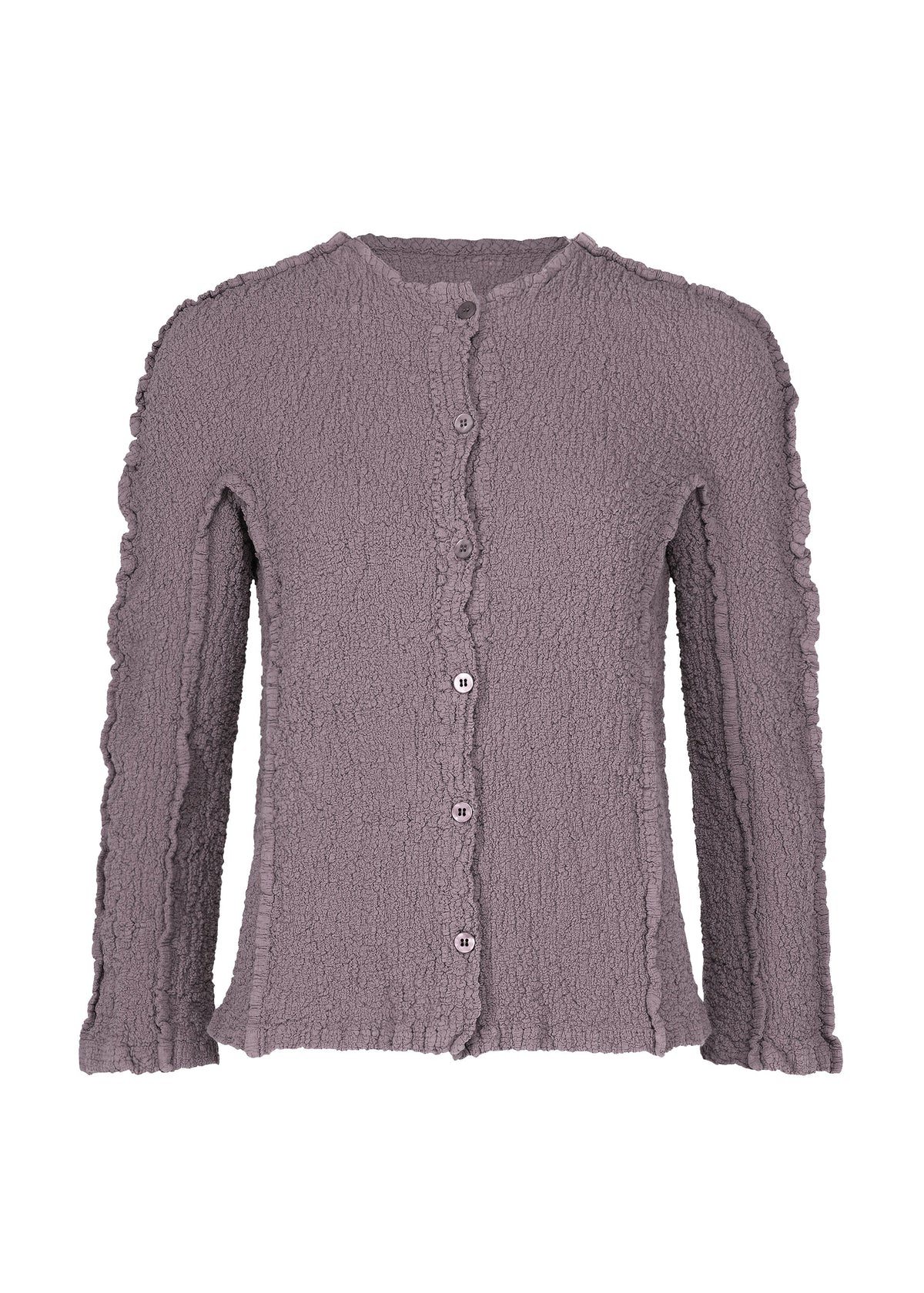 Zoomed view The ROUND CAULIFLOWER by me ISSEY MIYAKE is a mauve stretch pleats cardigan with long sleeves, a round neckline, and ruffled edges on the sleeves, front, and hem. - TAUPE （no.13）