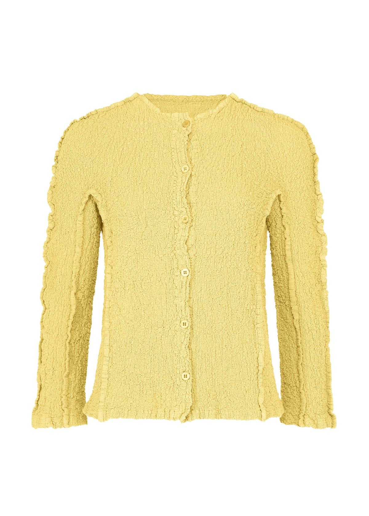 The ROUND CAULIFLOWER by me ISSEY MIYAKE is a yellow, textured cotton cardigan with long sleeves, a round neckline, button-down front, and delicate ruffle trim on the edges and cuffs. view 2 of 7