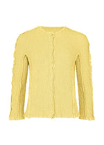 The ROUND CAULIFLOWER by me ISSEY MIYAKE is a yellow, textured cotton cardigan with long sleeves, a round neckline, button-down front, and delicate ruffle trim on the edges and cuffs. - CREAM YELLOW （no.50）