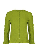 The ROUND CAULIFLOWER by me ISSEY MIYAKE is a light green stretch pleats cardigan with small round front buttons and subtle ruffle edging along the cuffs, hem, and front opening. - LEAF GREEN （no.60）