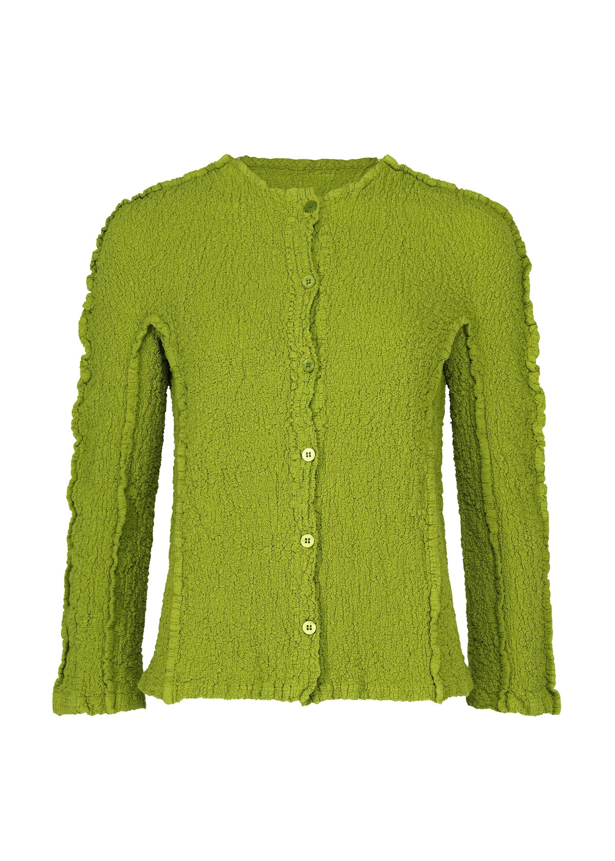 Zoomed view The ROUND CAULIFLOWER by me ISSEY MIYAKE is a light green stretch pleats cardigan with small round front buttons and subtle ruffle edging along the cuffs, hem, and front opening. - LEAF GREEN （no.60）