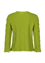 The ROUND CAULIFLOWER by me ISSEY MIYAKE is a green stretch pleats cardigan with long sleeves, a fitted silhouette, textured finish, and wavy edges on the sleeves and hem for a distinctive look.
