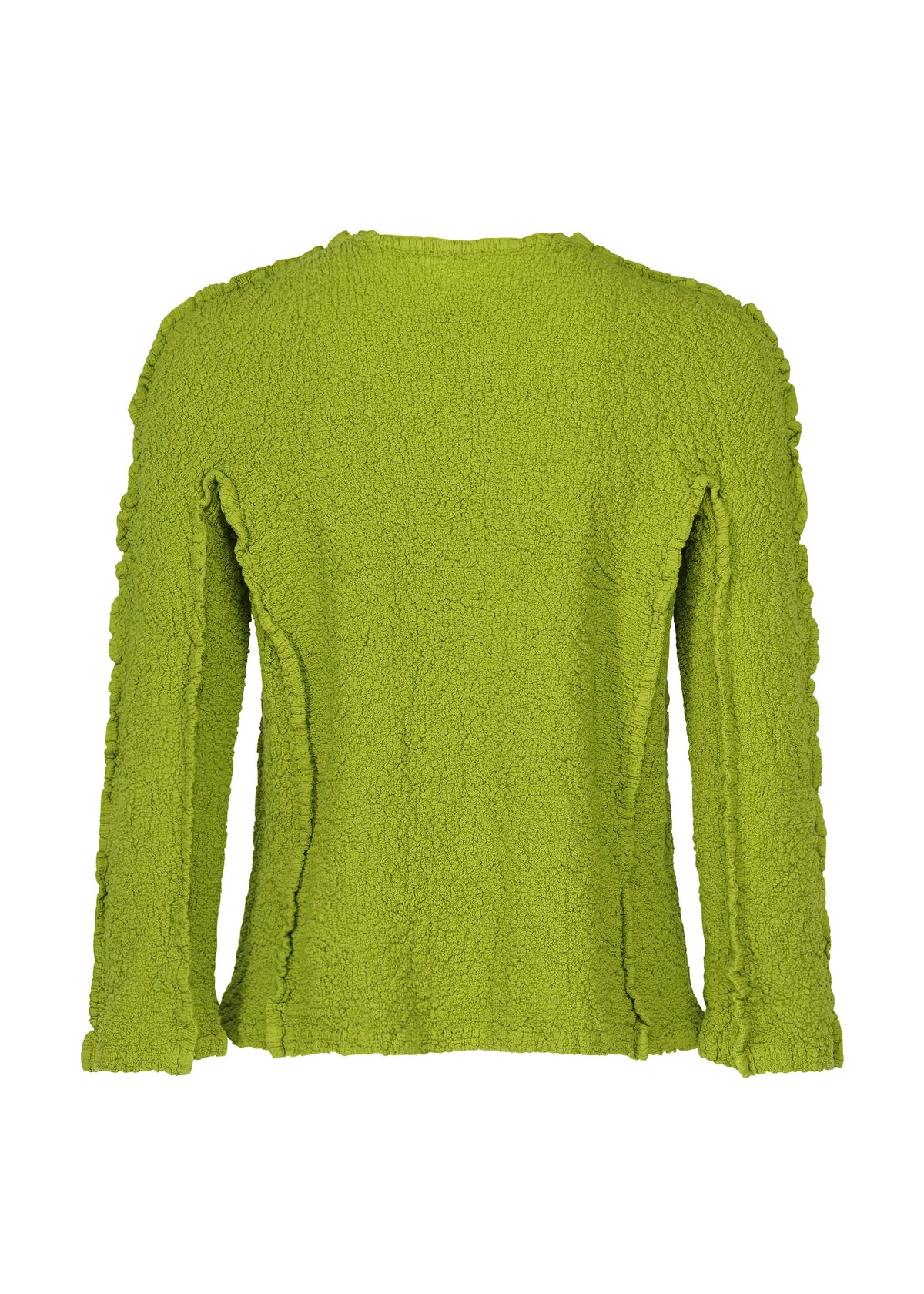 Zoomed view The ROUND CAULIFLOWER by me ISSEY MIYAKE is a green stretch pleats cardigan with long sleeves, a fitted silhouette, textured finish, and wavy edges on the sleeves and hem for a distinctive look.