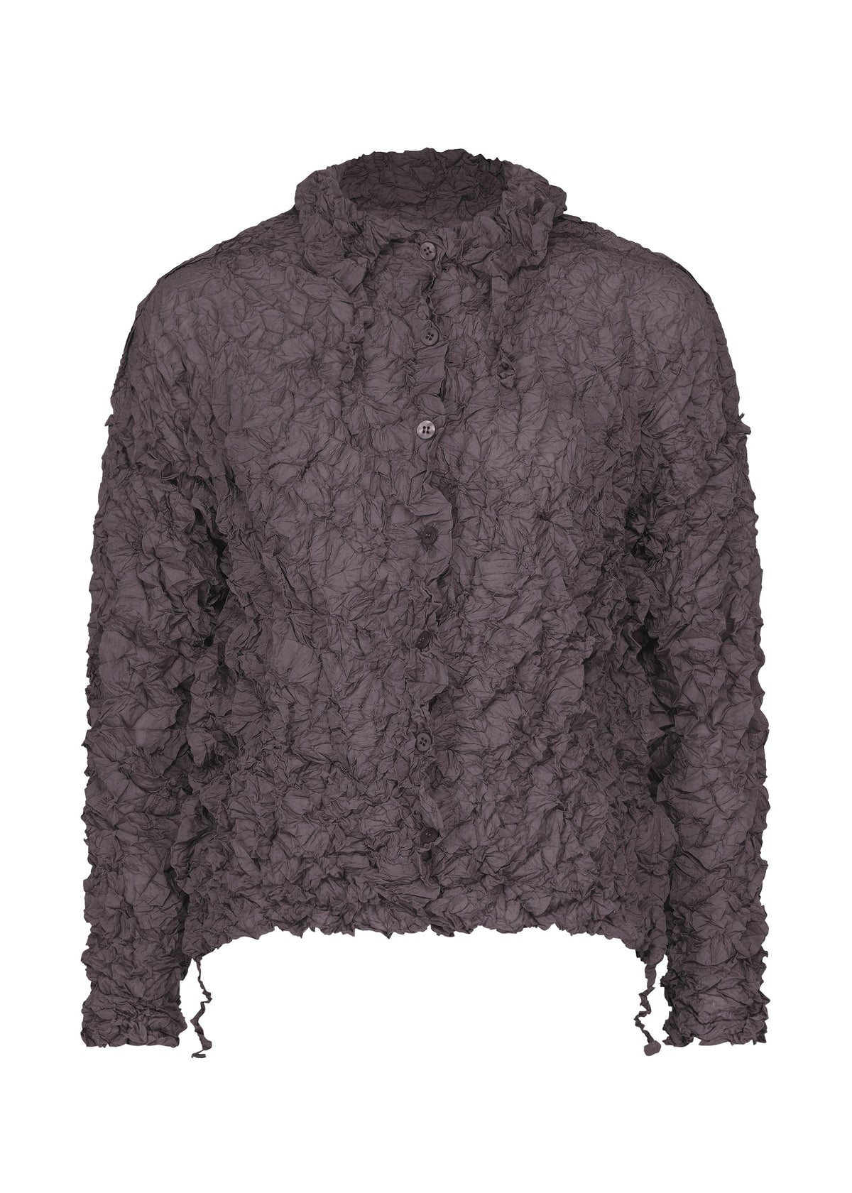The MERINGUE TOP by me ISSEY MIYAKE is a dark gray, long-sleeve polyester shirt with a textured crushed pleat finish, collar, button-up front, and a slightly cropped hem. view 1 of 10