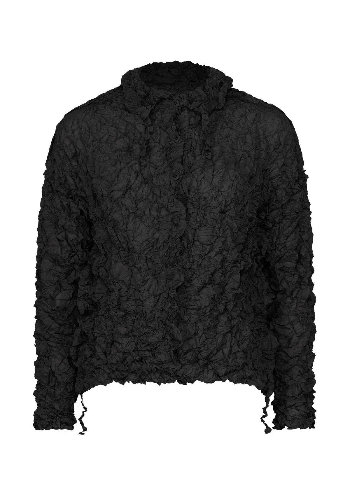 The MERINGUE TOP by me ISSEY MIYAKE is a black long-sleeve blouse in crinkled polyester with a collar, front buttons, and subtly wavy, unfinished hem and sleeves. view 2 of 10