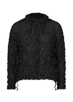 The MERINGUE TOP by me ISSEY MIYAKE is a black long-sleeve blouse in crinkled polyester with a collar, front buttons, and subtly wavy, unfinished hem and sleeves. - BLACK （no.15）