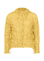 The MERINGUE TOP by me ISSEY MIYAKE is a yellow, long-sleeve blouse with crushed pleats, a ruffled collar, button-down front, and soft polyester fabric, shown against a white background. - CREAM YELLOW （no.50）