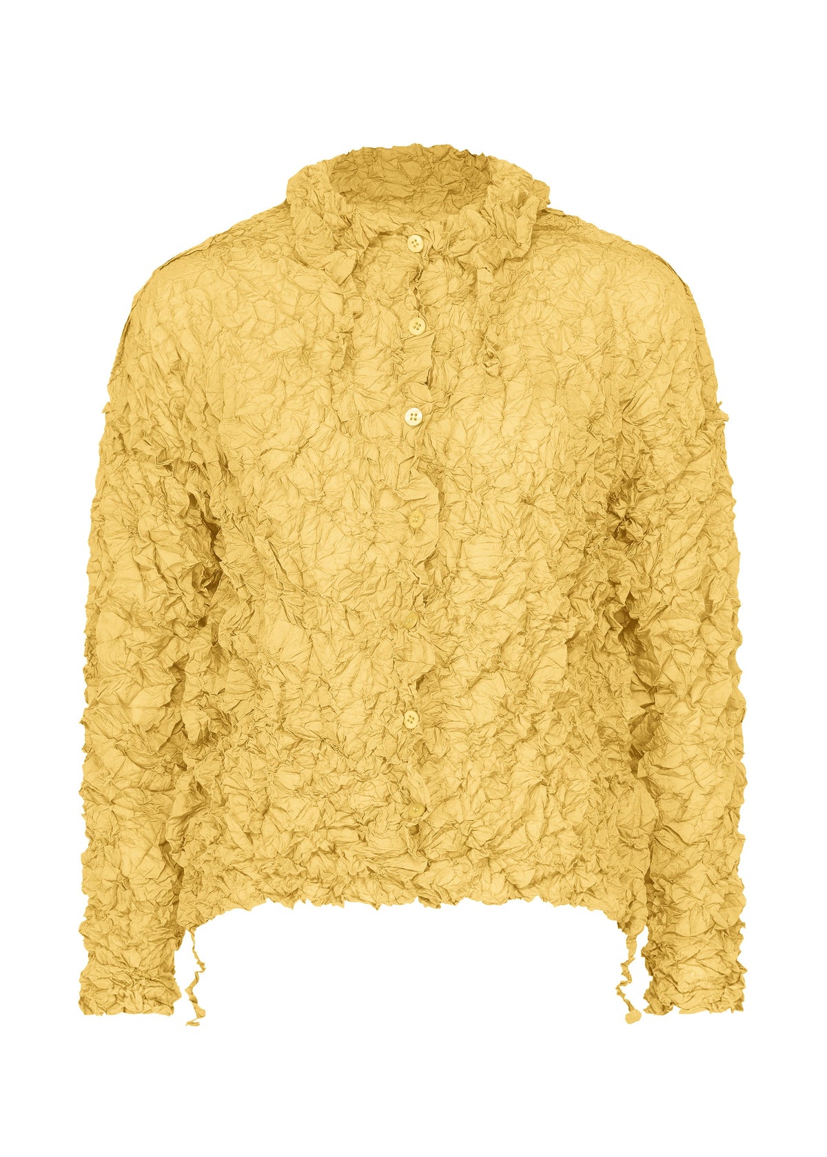 Zoomed view The MERINGUE TOP by me ISSEY MIYAKE is a yellow, long-sleeve blouse with crushed pleats, a ruffled collar, button-down front, and soft polyester fabric, shown against a white background. - CREAM YELLOW （no.50）