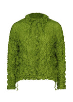 The MERINGUE TOP by me ISSEY MIYAKE is a green, long-sleeve polyester shirt with a collar and a stylish crushed pleat finish for textured appeal. - LEAF GREEN （no.60）