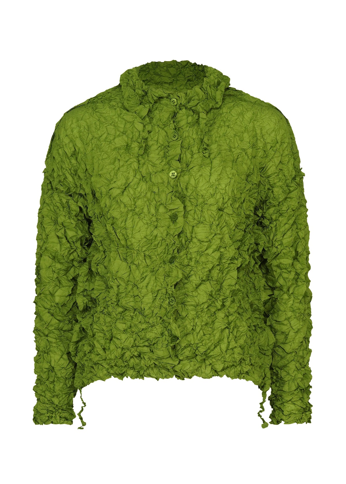 Zoomed view The MERINGUE TOP by me ISSEY MIYAKE is a green, long-sleeve polyester shirt with a collar and a stylish crushed pleat finish for textured appeal. - LEAF GREEN （no.60）