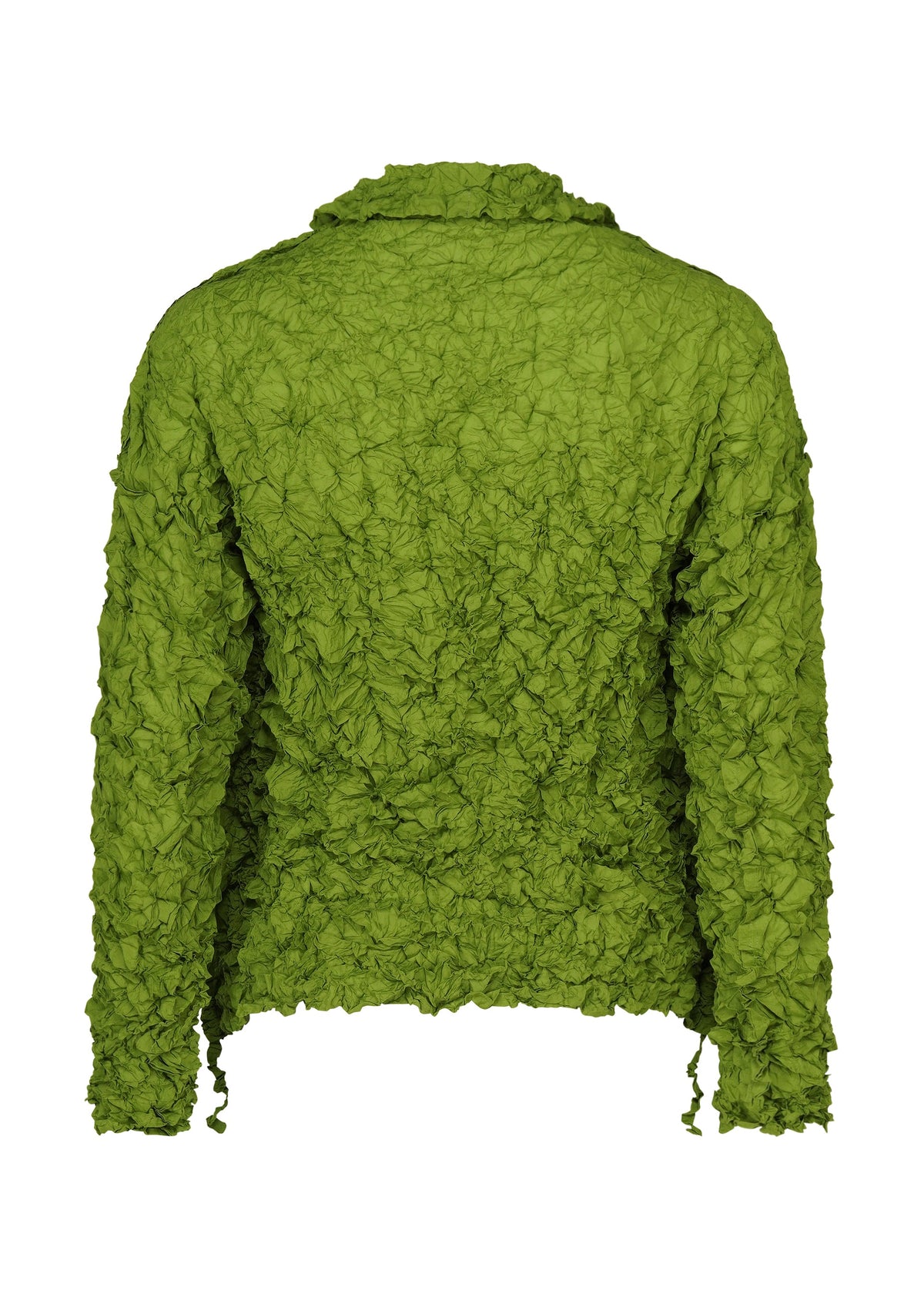 Zoomed view The MERINGUE TOP by me ISSEY MIYAKE is a green, long-sleeve polyester top with a crinkled texture and crushed pleats, shown from the back on a white background.