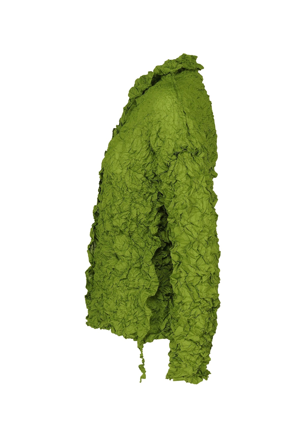 The MERINGUE TOP by me ISSEY MIYAKE, a bright green, long-sleeved cardigan with a crinkled, ruffled texture and crushed pleats, is shown from the side on a white background. view 6 of 10