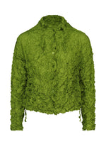 The MERINGUE TOP by me ISSEY MIYAKE is a bright green, long-sleeve blouse with a crushed pleat finish, button front, high collar, and textured wrinkled polyester material.